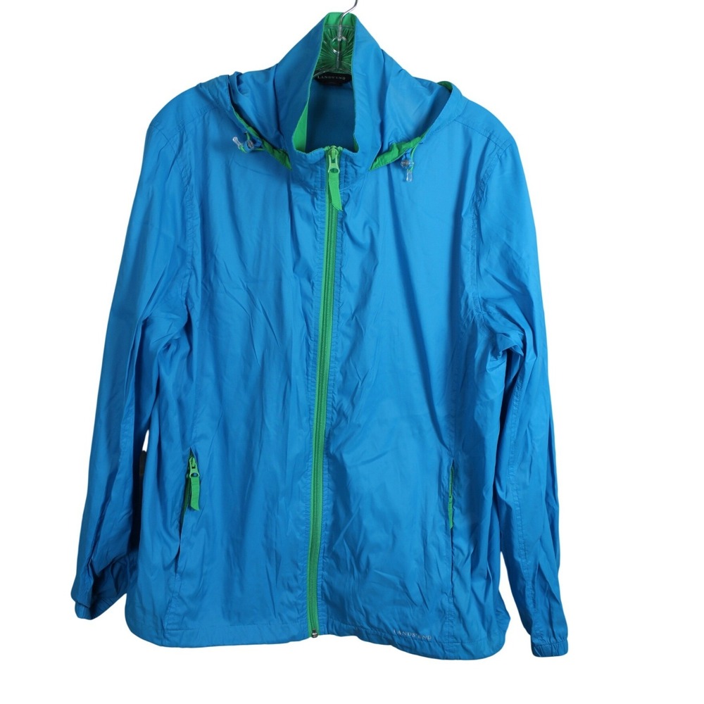 Lands End Mens Blue Green Hooded Windbreaker Jacket Full Zip Large 14-16